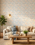 Sand & Sky Fret coastal geometric peel and stick wallpaper in a warm and inviting living room