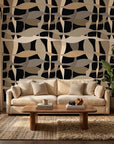 Sandy Strands fluid ribbon wallpaper in a warm and inviting living room