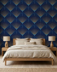 Sapphire Burst elegant navy and gold art deco wallpaper in a warm and inviting living room