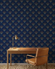 Sapphire Burst elegant navy and gold art deco wallpaper adding character to a cozy bedroom