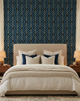 Sapphire Flame bold blue and gold ogee wallpaper in a warm and inviting living room