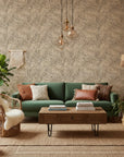 Savanna Pulse bold black and tan animal print wallpaper in a warm and inviting living room