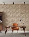 Savanna Pulse bold black and tan animal print wallpaper as a feature wall in a bright home office