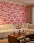 Scarlet Aura red abstract wallpaper creating ambiance in a serene bathroom
