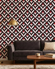 Scarlet Edge dramatic red and black geometric wallpaper creating ambiance in a serene bathroom