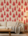 Scarlet Unfurling festive red christmas tree wallpaper in a warm and inviting living room
