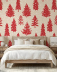 Scarlet Unfurling festive red christmas tree wallpaper adding character to a cozy bedroom