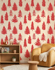 Scarlet Unfurling festive red christmas tree wallpaper as a feature wall in a bright home office