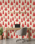 Scarlet Unfurling festive red christmas tree wallpaper creating ambiance in a serene bathroom