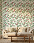 Scarlet & Sage green botanical peel and stick wallpaper in a warm and inviting living room