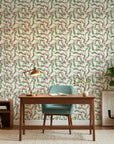 Scarlet & Sage green botanical peel and stick wallpaper creating ambiance in a serene bathroom