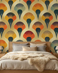 Scattered Dusk warm art deco fan pattern wallpaper in a warm and inviting living room