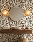 Scrawled Bloom rustic floral wallpaper creating ambiance in a serene bathroom