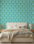Seafoam Palms serene teal and mint tropical wallpaper in a warm and inviting living room