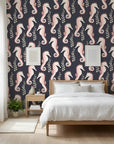 Seahorse Reverie blush pink coastal seahorse wallpaper adding character to a cozy bedroom