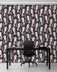 Seahorse Reverie blush pink coastal seahorse wallpaper as a feature wall in a bright home office