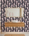 Seahorse Reverie blush pink coastal seahorse wallpaper creating ambiance in a serene bathroom