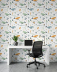Seaside Play playful ocean nursery wallpaper as a feature wall in a bright home office