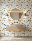 Seaside Play playful ocean nursery wallpaper creating ambiance in a serene bathroom