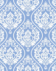 Traditional Secret Arbor wallpaper featuring ornate white damask motifs on soft periwinkle blue background