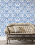 Secret Arbor removable wallpaper in blue and cream damask pattern on living room accent wall
