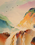 Sentinel & Falls colorful mountain waterfall landscape wallpaper creating ambiance in a serene bathroom