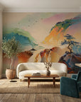 Canvas-like colorful mountain waterfall landscape peel and stick wallpaper - Sentinel & Falls