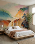 Sentinel & Falls colorful mountain waterfall landscape wallpaper in a warm and inviting living room