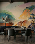 Sentinel & Falls colorful mountain waterfall landscape wallpaper adding character to a cozy bedroom