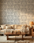 Serene Blossom soft grey damask wallpaper in a warm and inviting living room