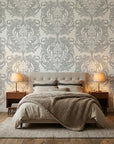 Serene Blossom soft grey damask wallpaper adding character to a cozy bedroom