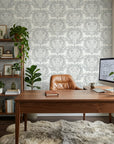 Serene Blossom soft grey damask wallpaper as a feature wall in a bright home office