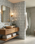 Serene Blossom soft grey damask wallpaper creating ambiance in a serene bathroom