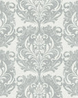 Classic gray and cream Serene Blossom damask wallpaper with ornate scrollwork and botanical motifs