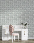 Gray and cream Serene Blossom damask wallpaper in elegant home office with white vanity desk