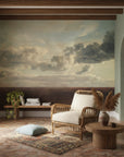 Sage and cream Shaded Grove cloudscape mural wallpaper in Mediterranean living room with exposed beams