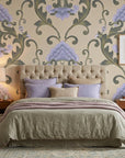 Shaded Meadow Muse lavender purple & green classic damask wallpaper adding character to a cozy bedroom