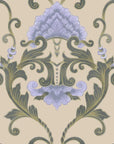 Victorian damask wallpaper with lavender florals and sage scrollwork on cream background in Shaded Meadow Muse pattern