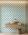 Shadow Garden green floral peel and stick wallpaper creating ambiance in a serene bathroom