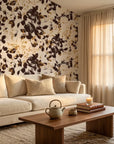 Shadow Luxe cream and brown distressed floral silhouette wallpaper in a warm and inviting living room