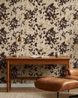 Shadow Luxe cream and brown distressed floral silhouette wallpaper as a feature wall in a bright home office