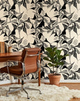 Shadow Strokes black and cream abstract geometric brush stroke wallpaper as a feature wall in a bright home office