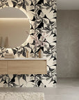 Shadow Strokes black and cream abstract geometric brush stroke wallpaper creating ambiance in a serene bathroom