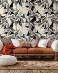 Self-adhesive wallpaper featuring an abstract, monochromatic, brushstroke-style geometric pattern, titled "Shadow Strokes"
