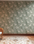 Children’s bedroom styled with Winter Fawn Meadow wallpaper creating a calm woodland wall backdrop