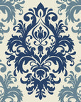 Elegant Silent Bouquet damask wallpaper in navy and slate blue on cream background with ornate scrollwork