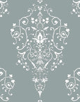 Elegant Silent Spring damask wallpaper with white ornate scrollwork on sage green background
