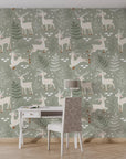 Woodland forest animal and pine tree pattern on a muted sage green background with self-adhesive backing - Silent Woods