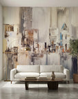Canvas-like silver and gold painted urban skyline peel and stick wallpaper - Silver City