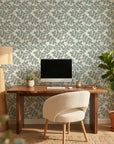 Silver Dollar gray botanical peel and stick wallpaper as a feature wall in a bright home office